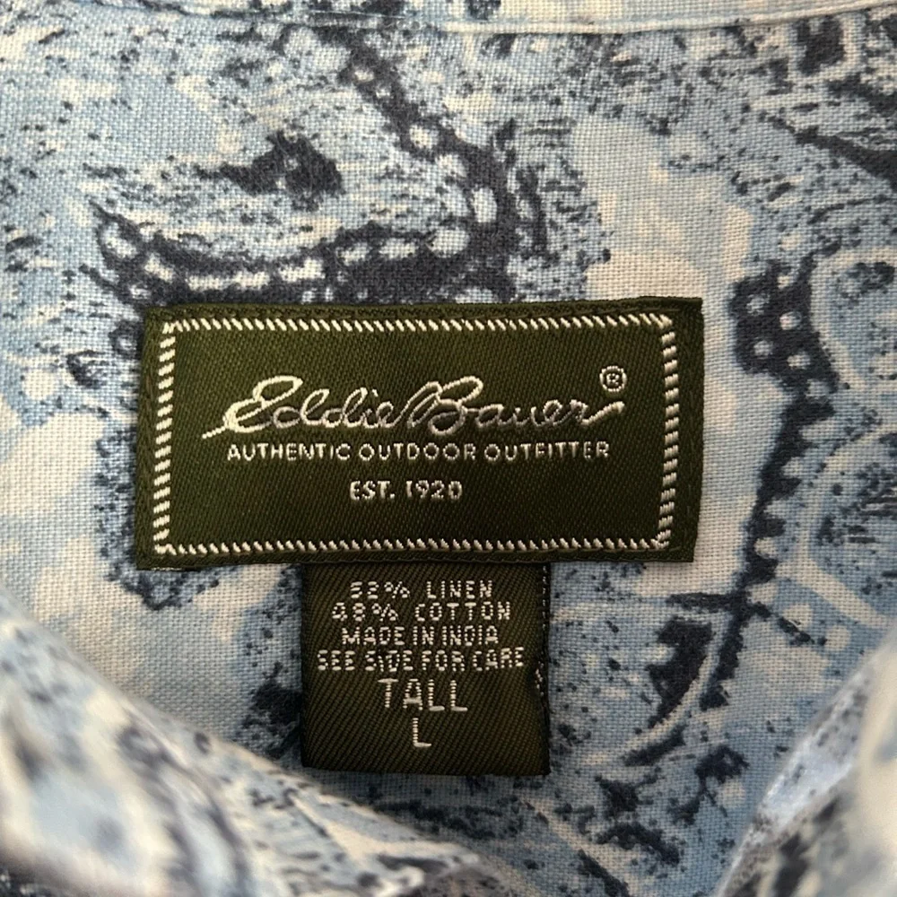 Eddie Bauer 70’s/y2k men’s cotton linen blend blue Paisley half button Size LT‌ - Picture 8 of 9